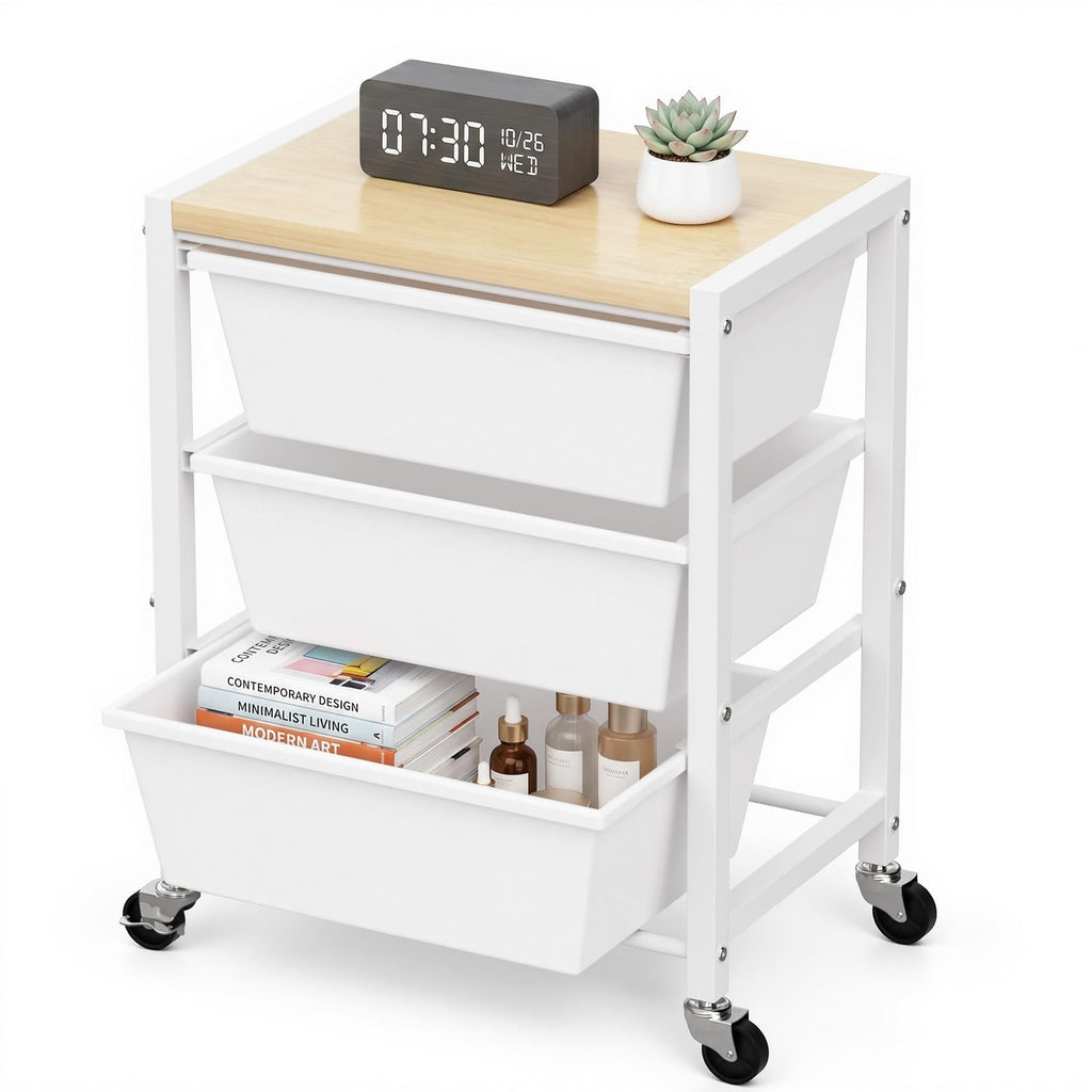 Rolling Cart with 3 Drawers, Lockable Wheels & Wooden Tabletop, Bright White O881733