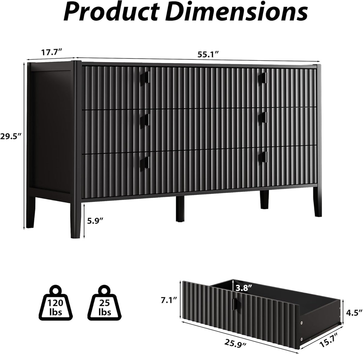 Black 6 Drawer Wood Dresser I33909
