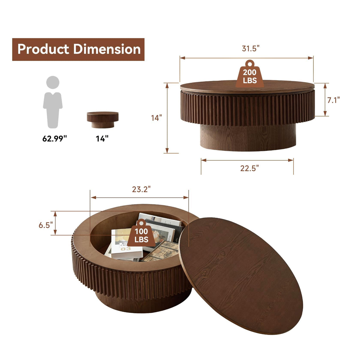 Walnut Round Fluted Coffee Table with Storage F767451