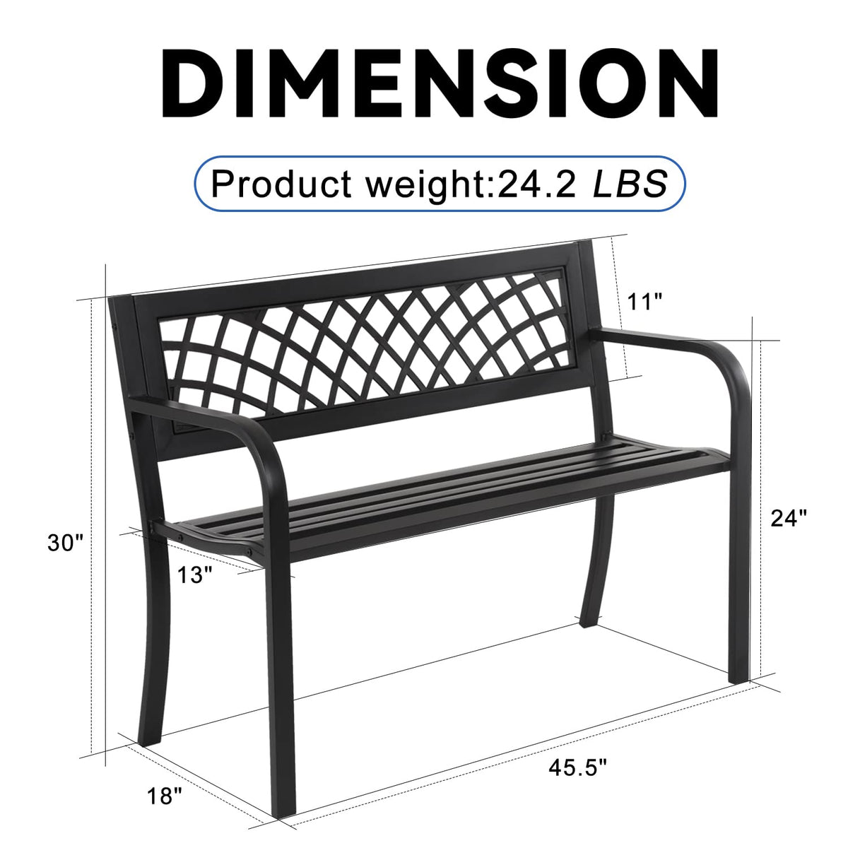 4 Feet Heavy-Duty Metal Patio Bench with Backrest Armrests P1953