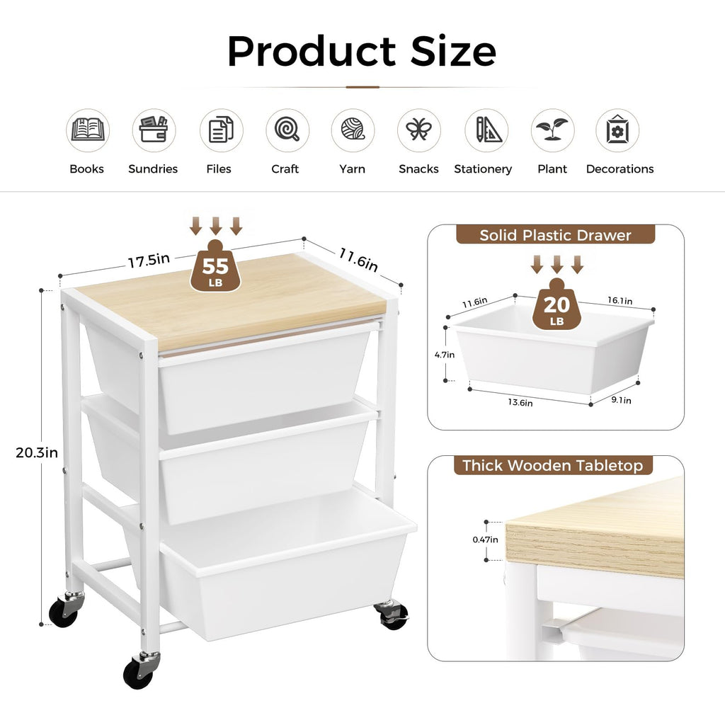 Rolling Cart with 3 Drawers, Lockable Wheels & Wooden Tabletop, Bright White O881733