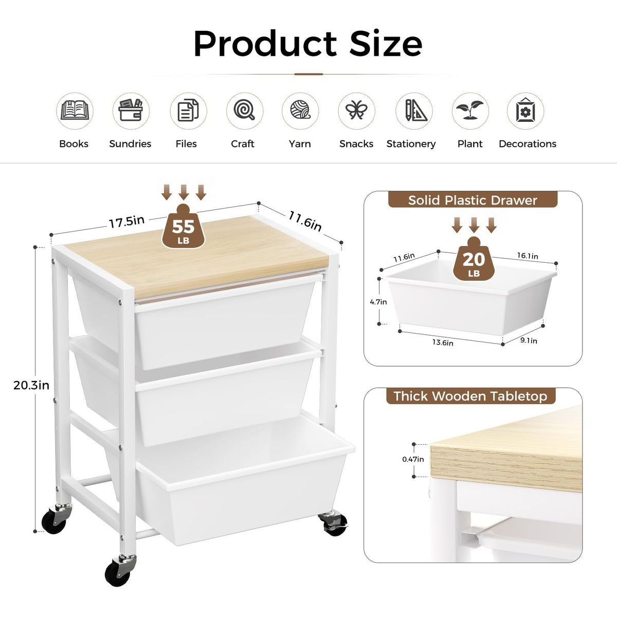 Rolling Cart with 3 Drawers, Lockable Wheels & Wooden Tabletop, Bright White O881733