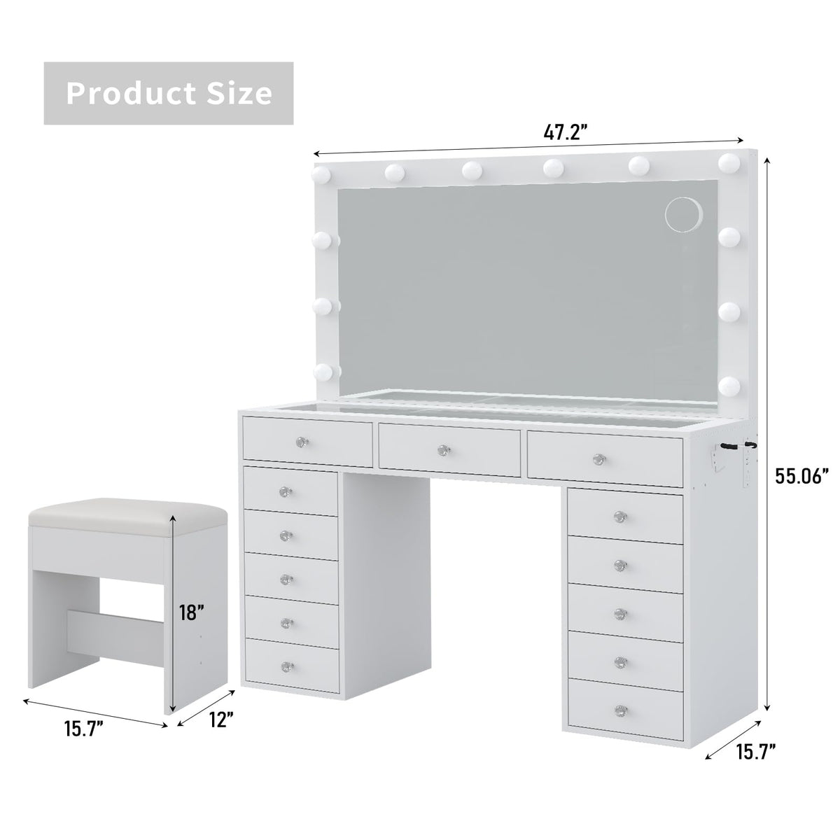 47" White Makeup Vanity with 13 Drawers and HD Mirror S306778