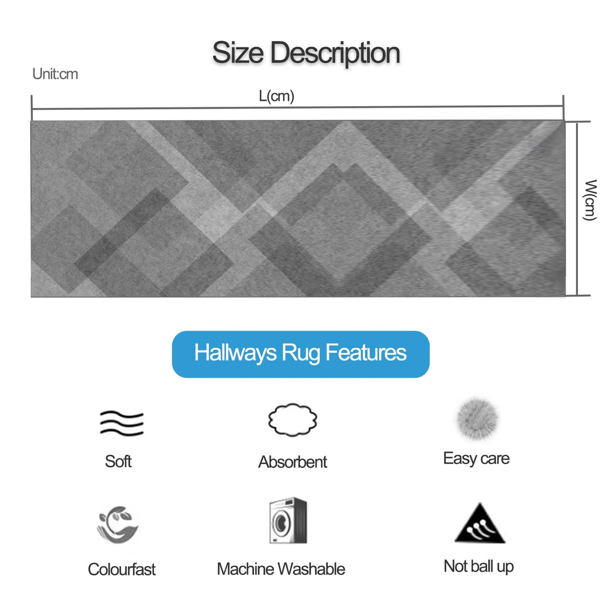 Non Slip Washable Low-Pile Runner Rug 60x300cm S5941