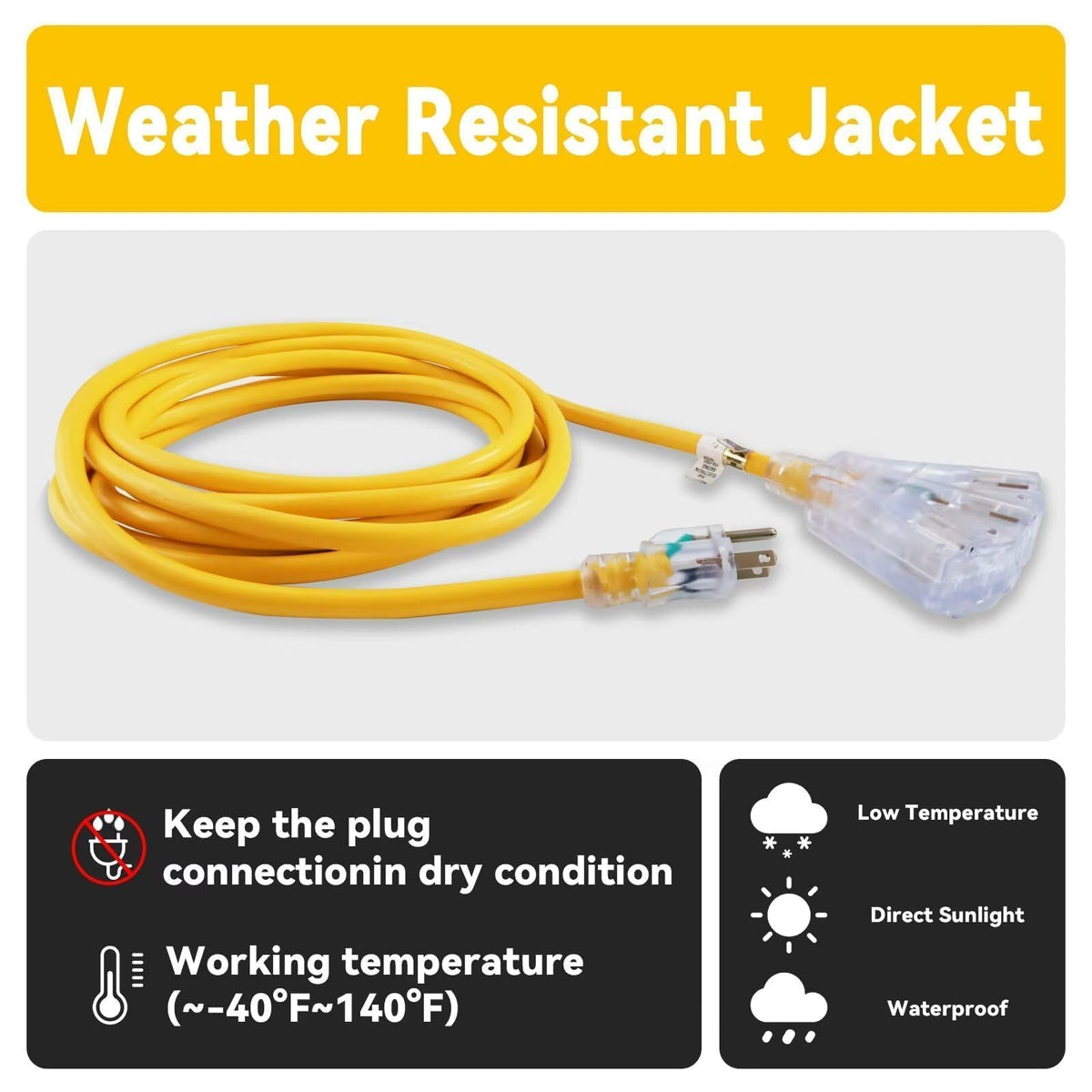 50 Ft Outdoor Extension Cord 3 Outlets Yellow J445654