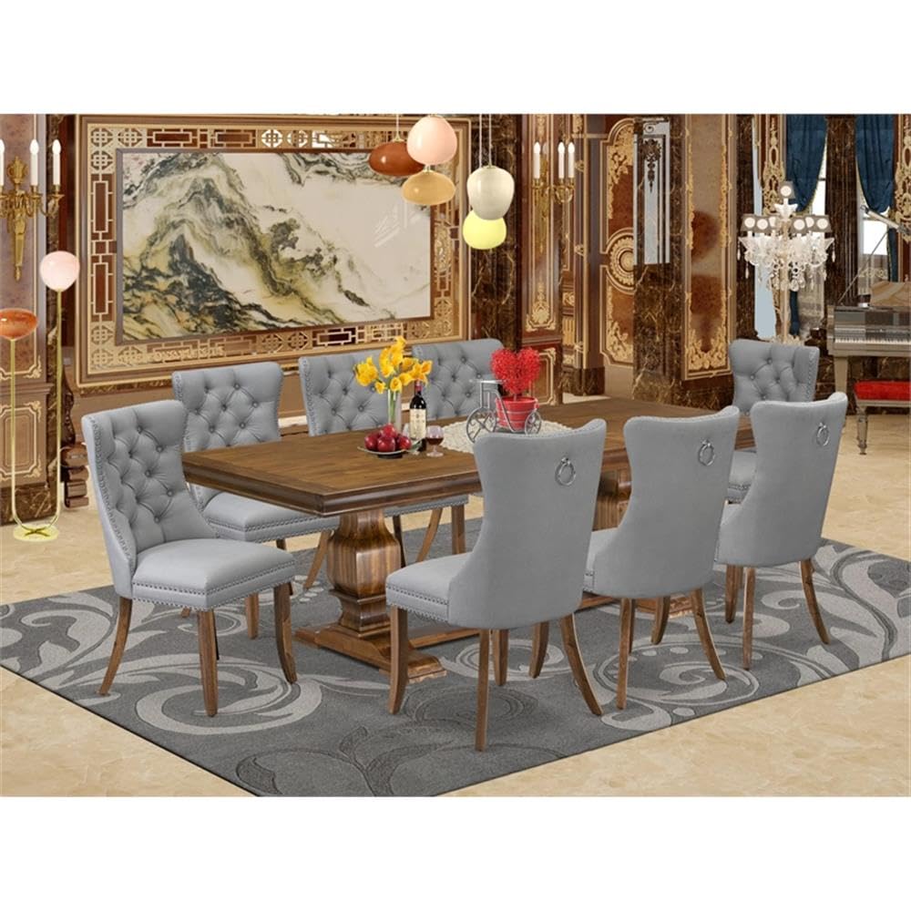 9-Piece Acacia Wood Dining Table Set with 8 Gray Faux Leather Chairs X927