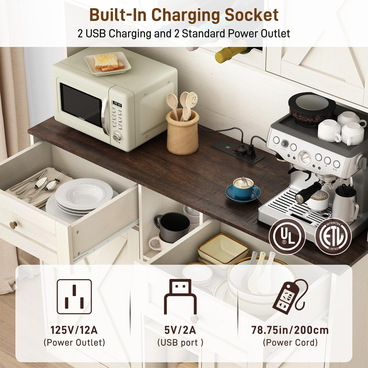 White Kitchen Pantry Storage Cabinet with Power Outlets and Two Drawers G15125