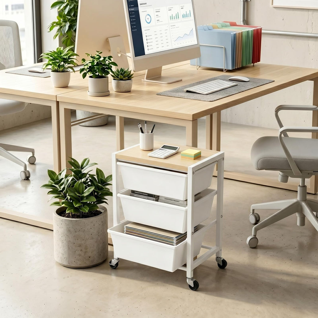 Rolling Cart with 3 Drawers, Lockable Wheels & Wooden Tabletop, Bright White O881733