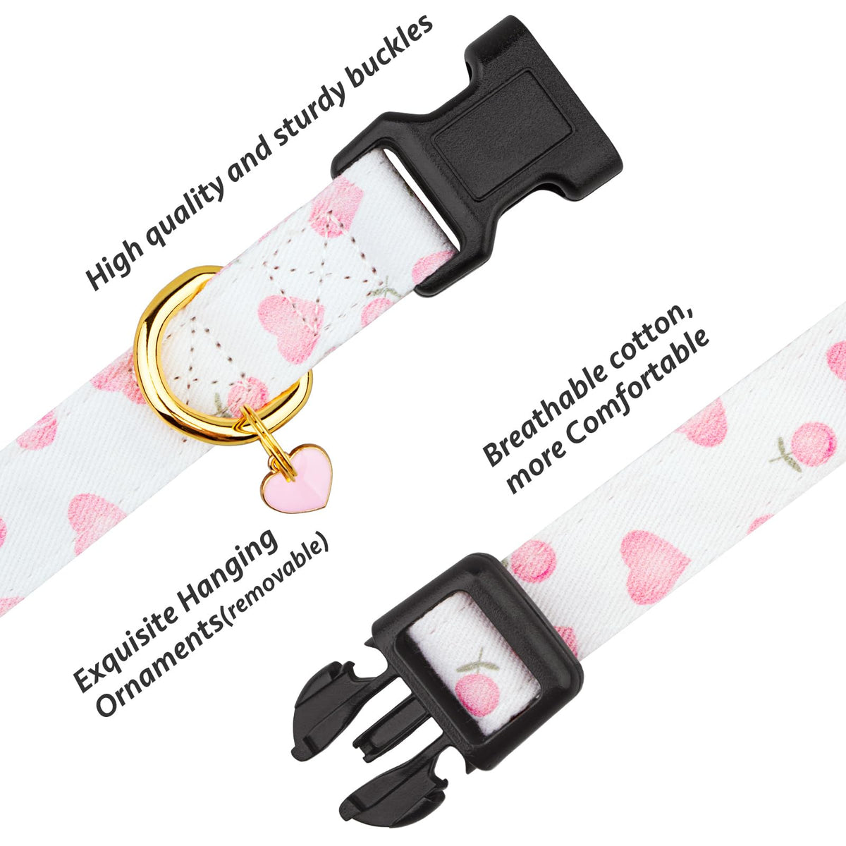 Cotton Dog Collar White and Pink Love Heart with Pendant T740