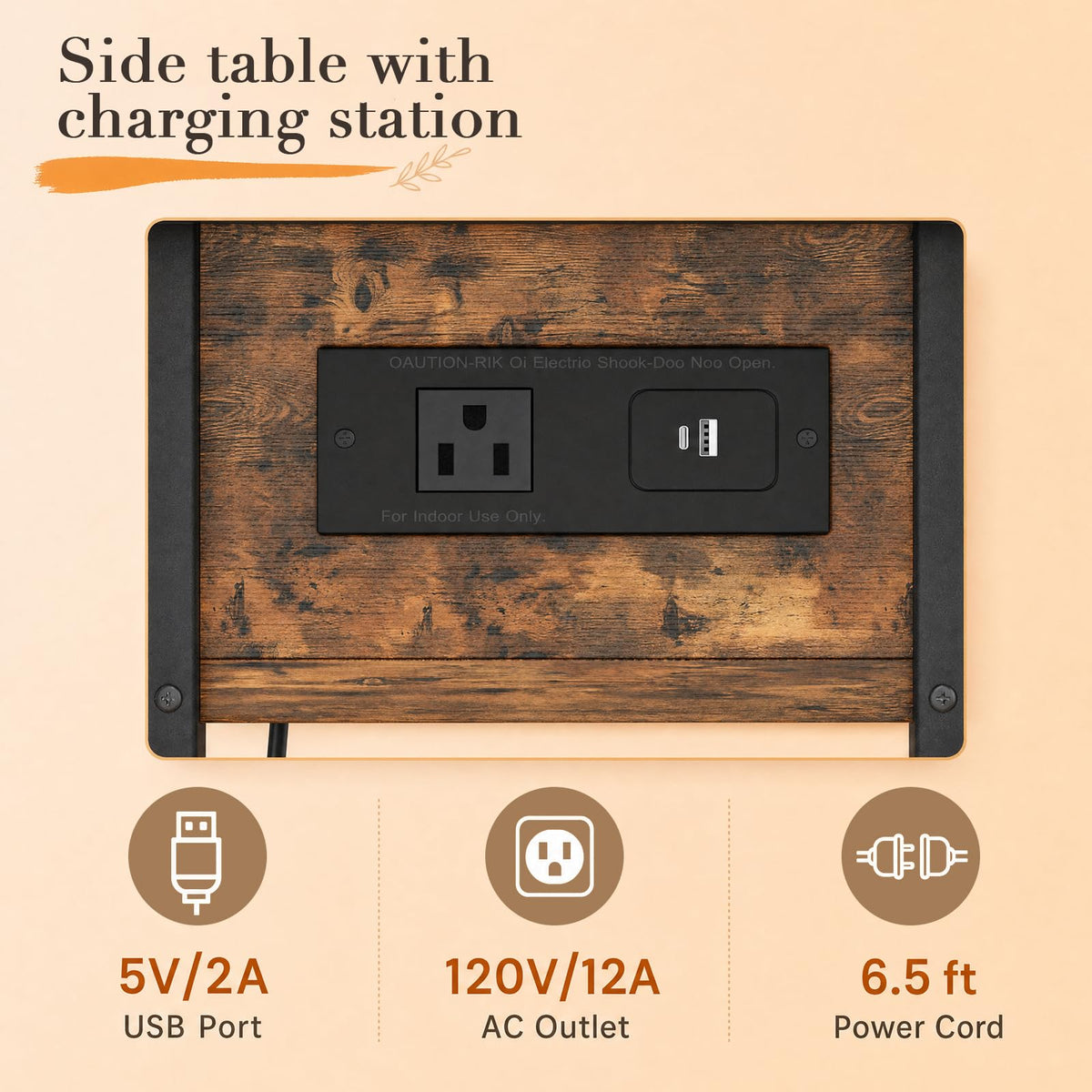 End Table with Charging Station, 3-Tier Storage Nightstand V904292