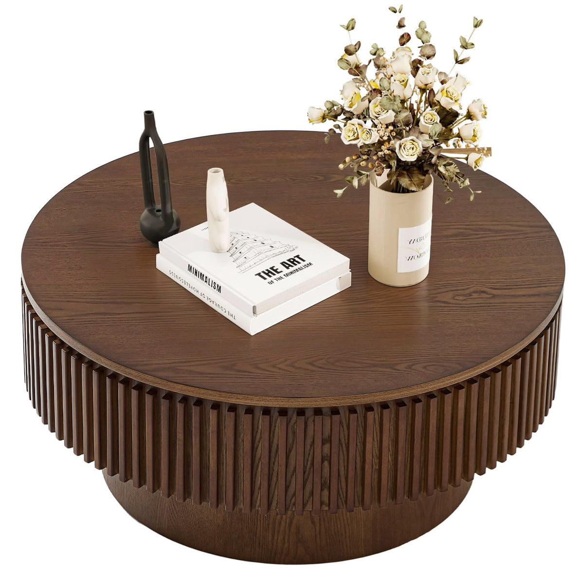 Walnut Round Fluted Coffee Table with Storage F767451