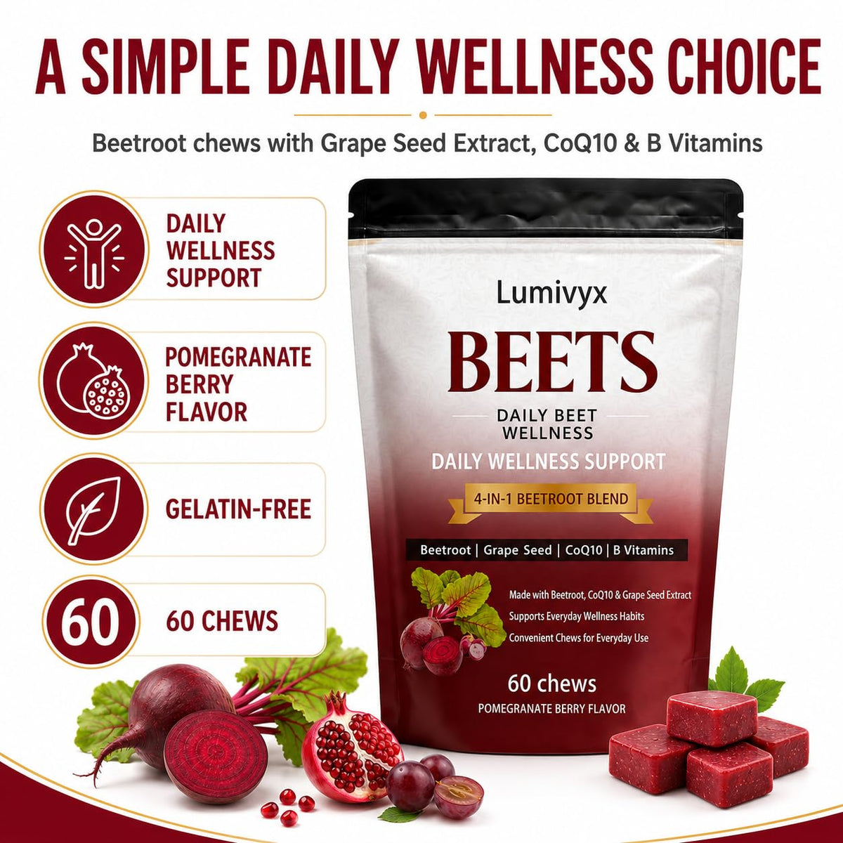 Beet Chews with Grape Seed Extract & CoQ10, 60 Chews D357
