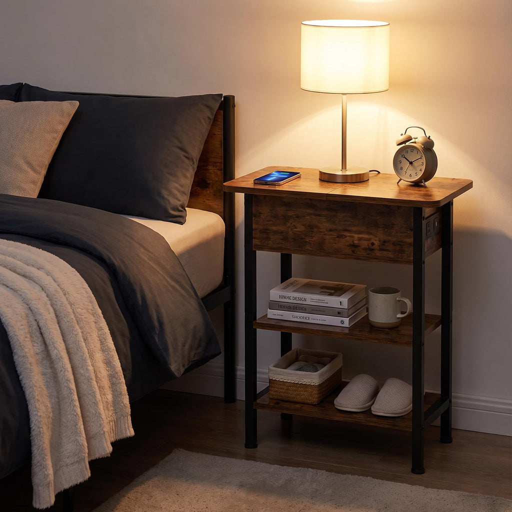End Table with Charging Station, 3-Tier Storage Nightstand V904292
