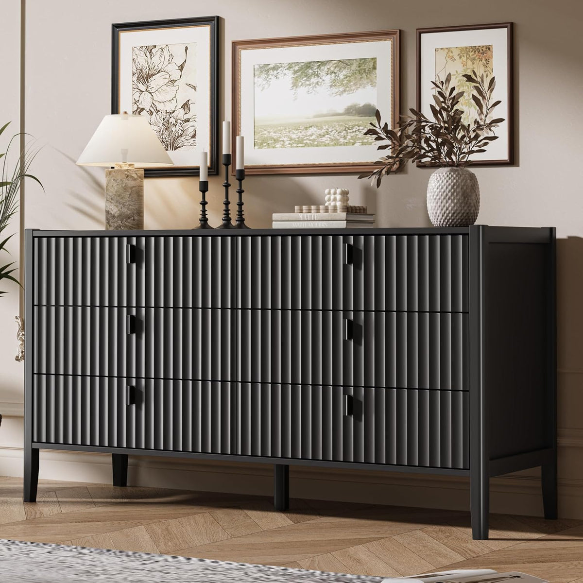 Black 6 Drawer Wood Dresser I33909