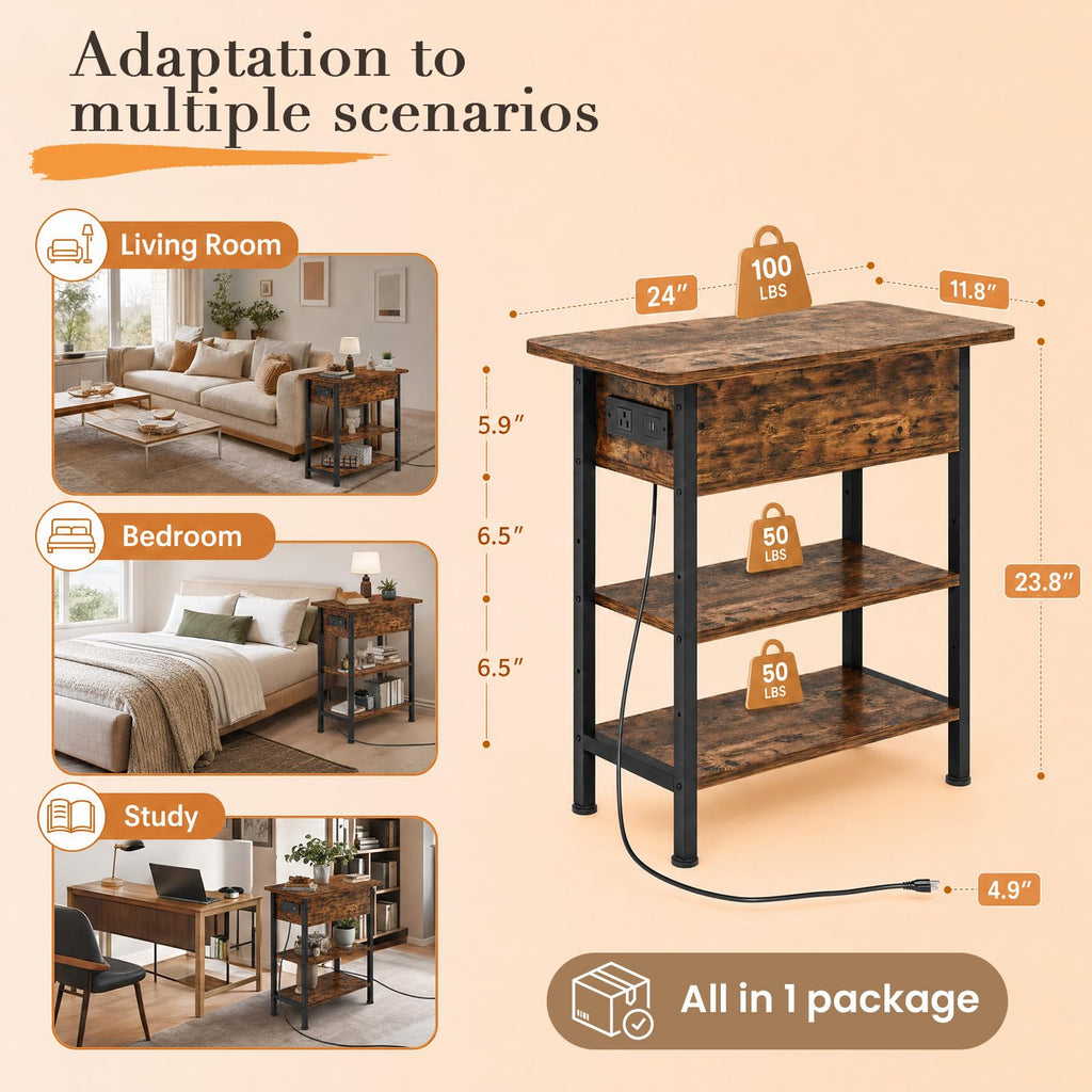 End Table with Charging Station, 3-Tier Storage Nightstand V904292