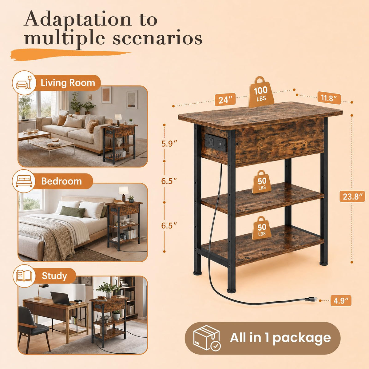 End Table with Charging Station, 3-Tier Storage Nightstand V904292