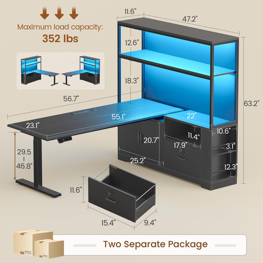 57" L Shaped Standing Desk with Storage Hutch Q9417