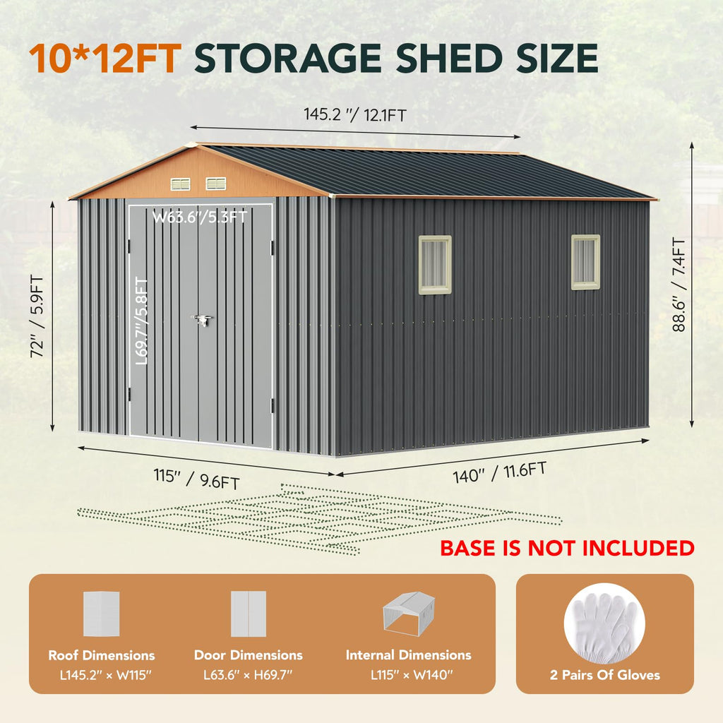 10x12x7.4FT Outdoor Storage Shed with Lockable Doors T678