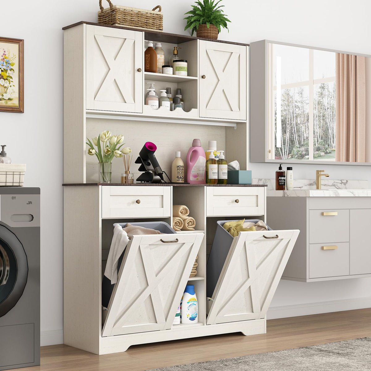 White Kitchen Pantry Storage Cabinet with Power Outlets and Two Drawers G15125