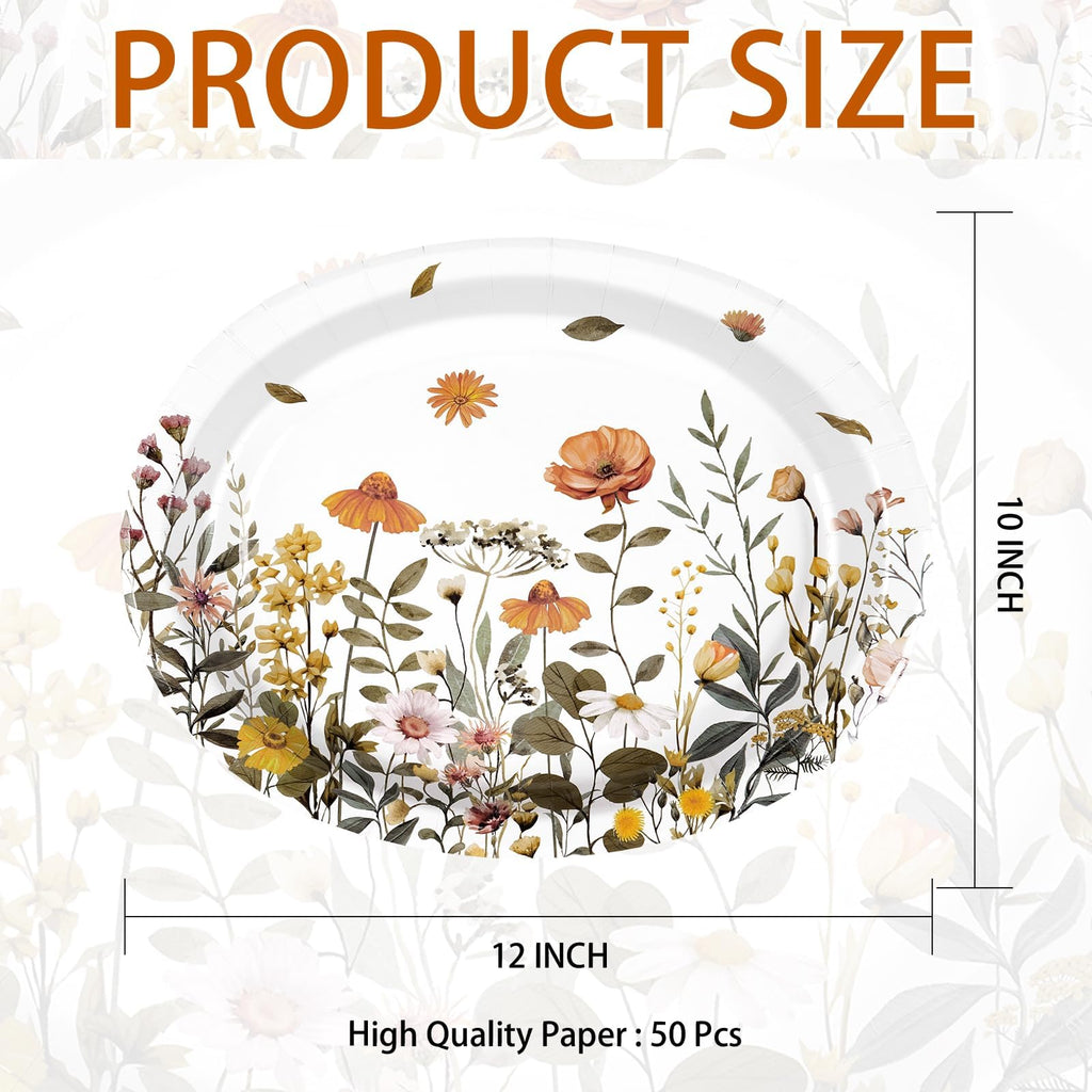 50Pcs Fall Oval Paper Plates 10" x 12" Heavy Duty Disposable Platters E7352