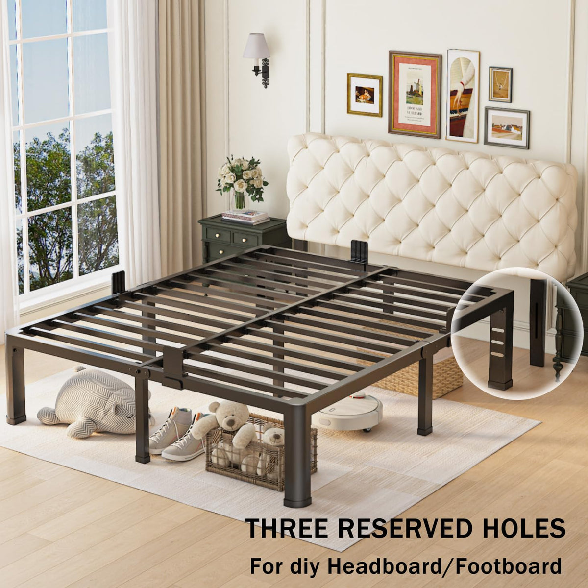 Queen Bed Frame with Headboard Hole and Steel Slats Support V697