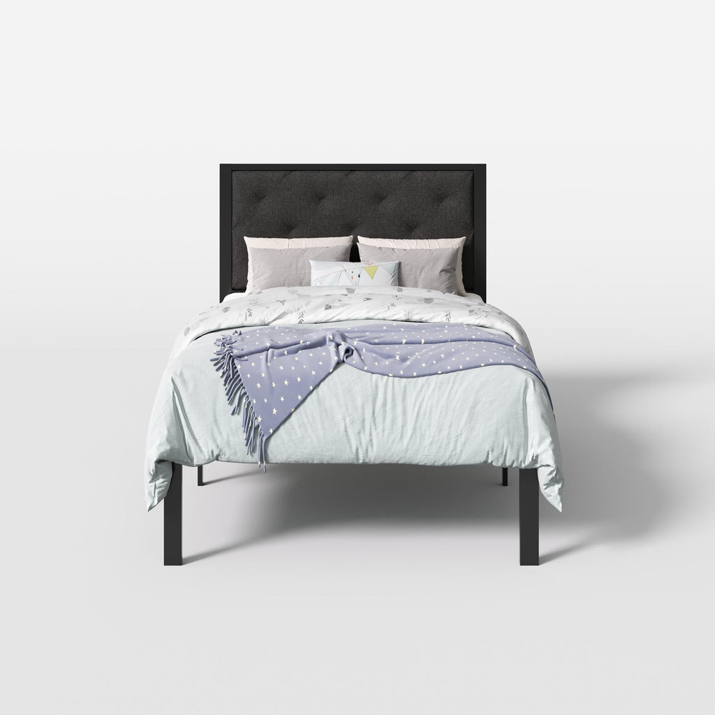 Twin Size Metal Bed Frame with Linen Tufted Headboard W9415