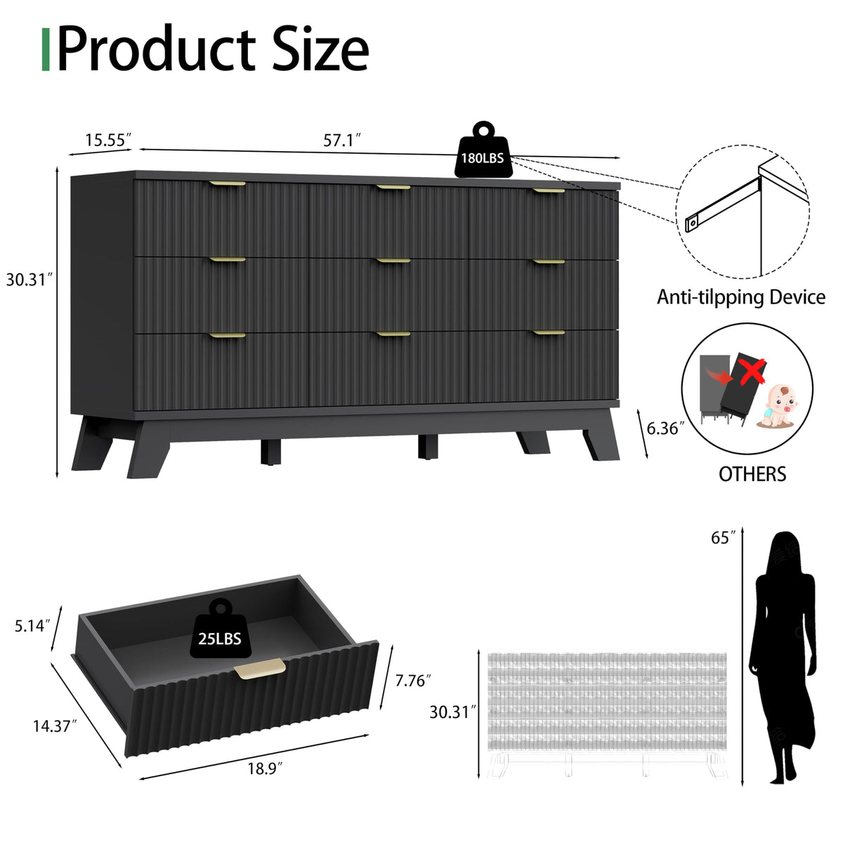 Black 9 Drawer Fluted Wood Dresser H14818