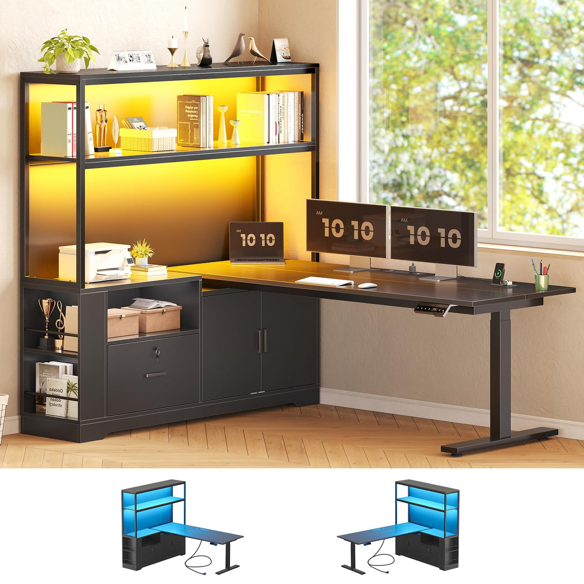 57" L Shaped Standing Desk with Storage Hutch Q9417
