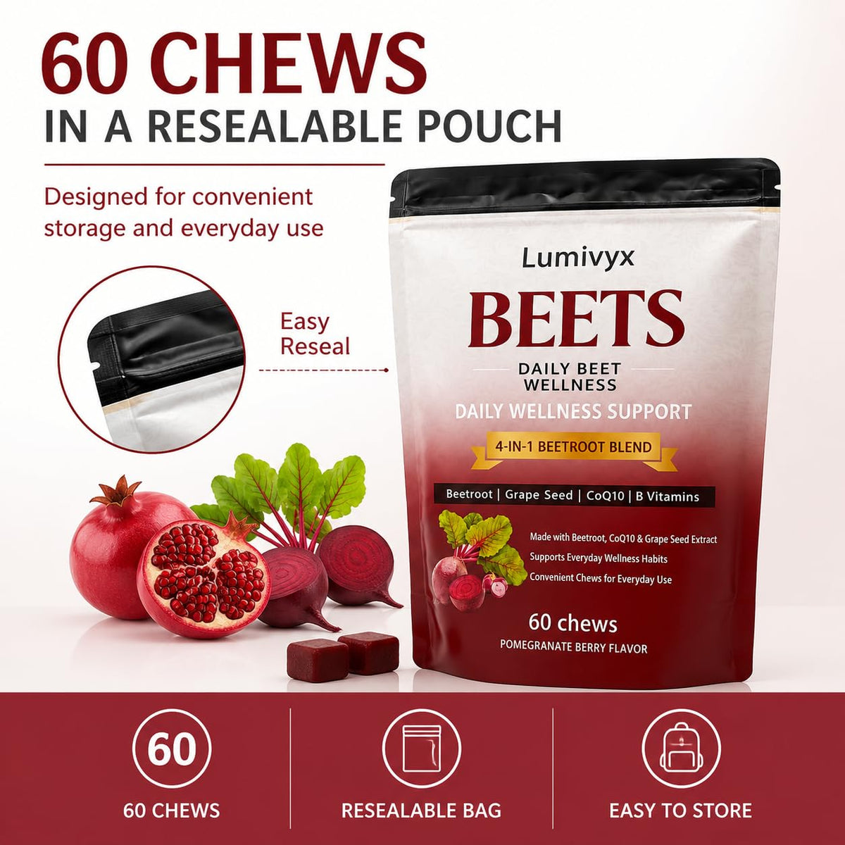 Beet Chews with Grape Seed Extract & CoQ10, 60 Chews D357