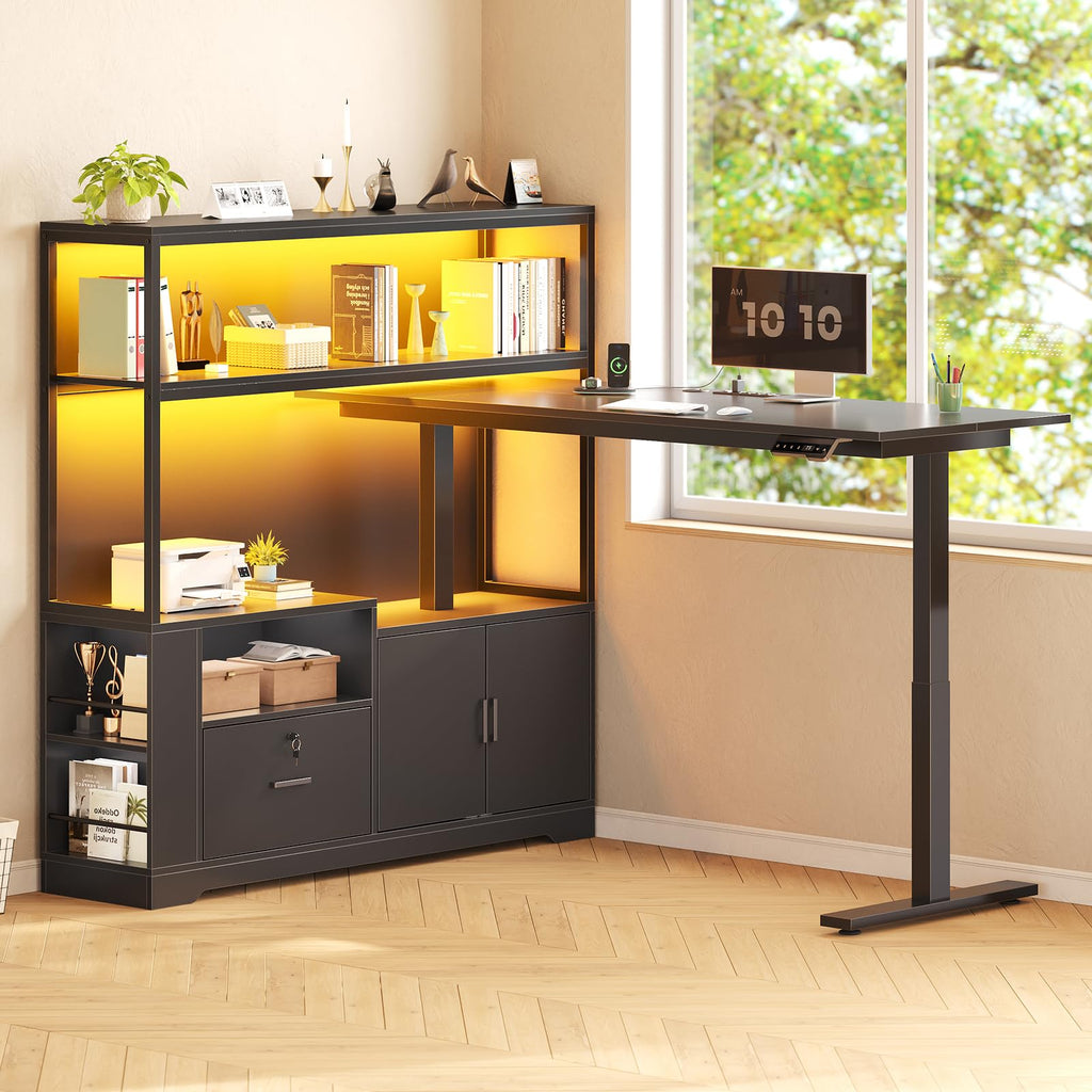57" L Shaped Standing Desk with Storage Hutch Q9417