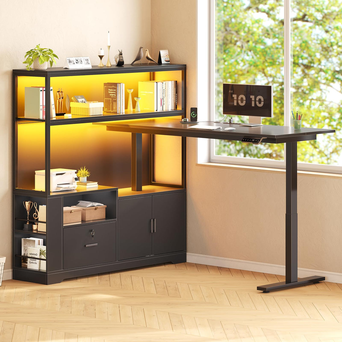 57" L Shaped Standing Desk with Storage Hutch Q9417