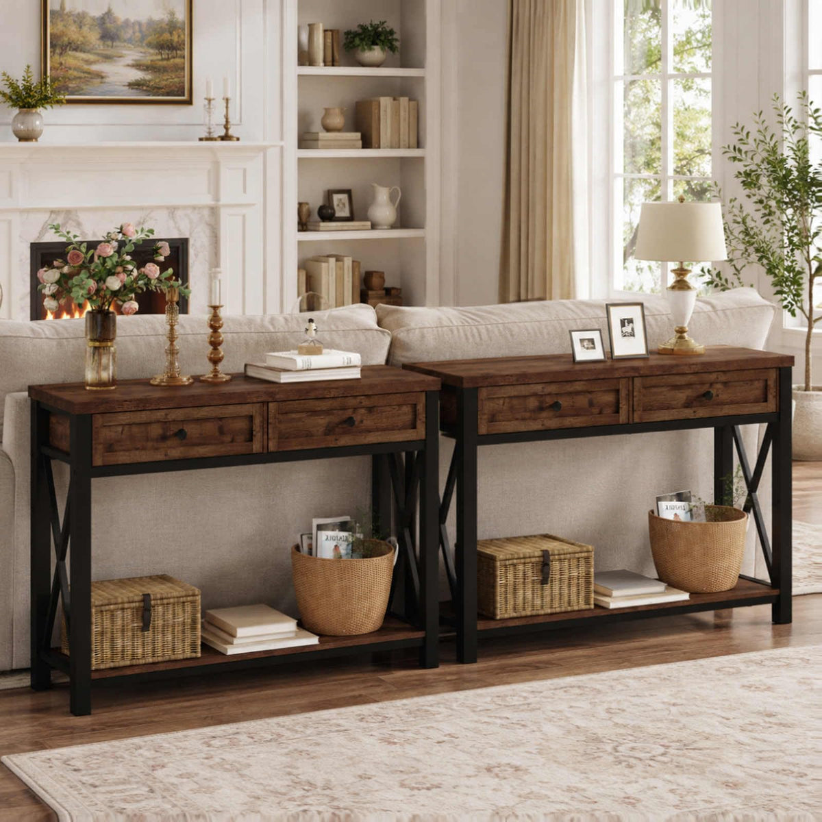Rustic Oak 47 Inch Console Table with 2 Drawers E22205