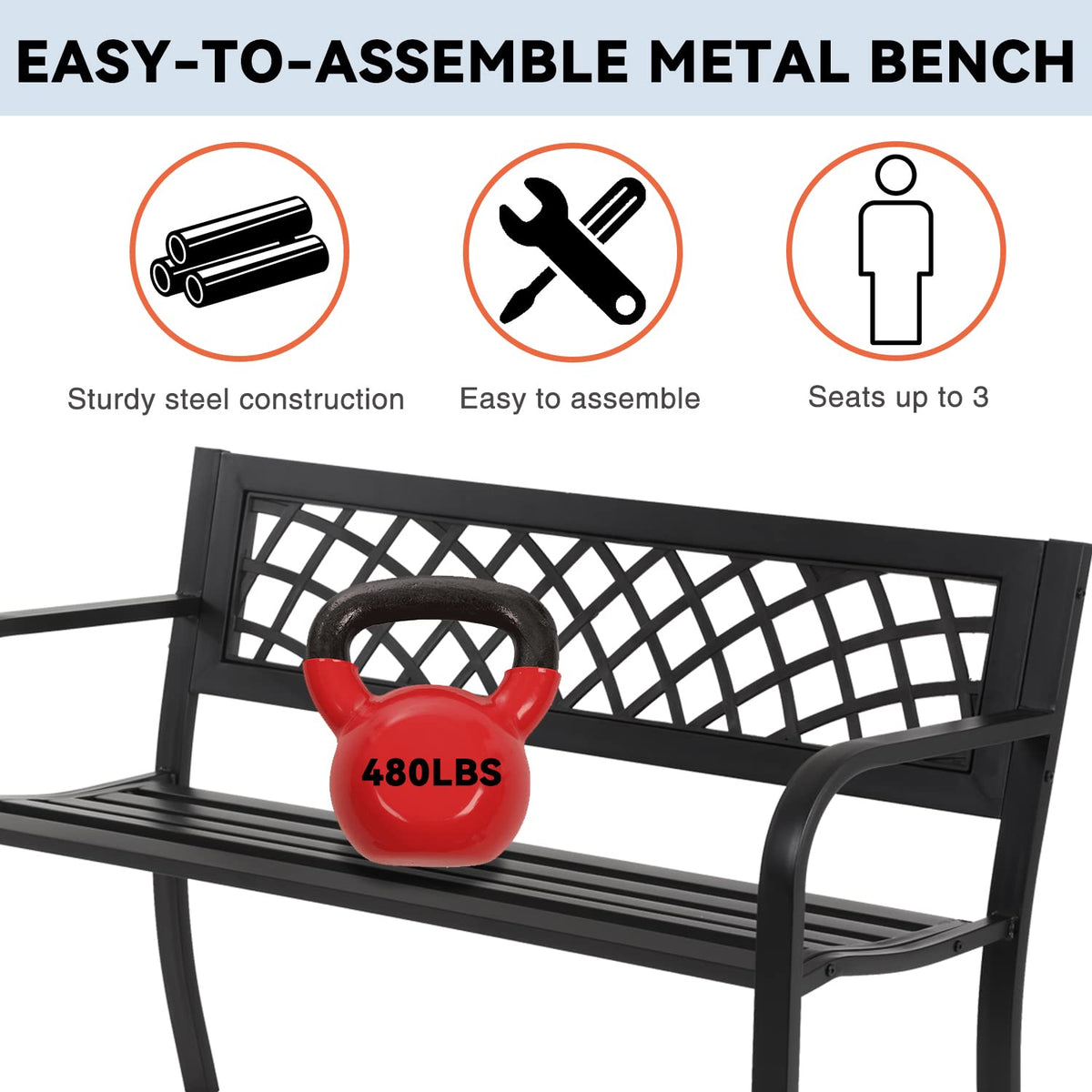 4 Feet Heavy-Duty Metal Patio Bench with Backrest Armrests P1953