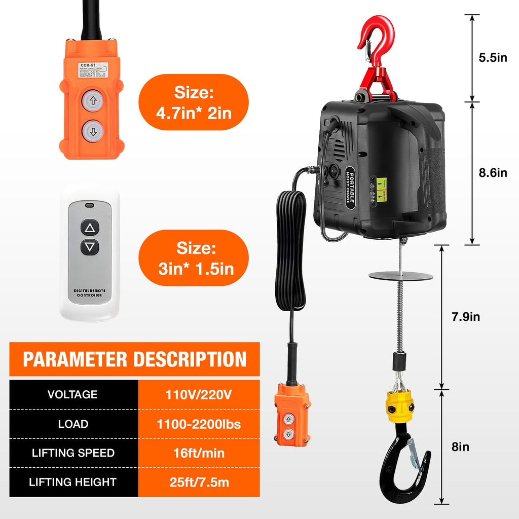 3-in-1 Electric Hoist 2200lb Capacity 110V S1967
