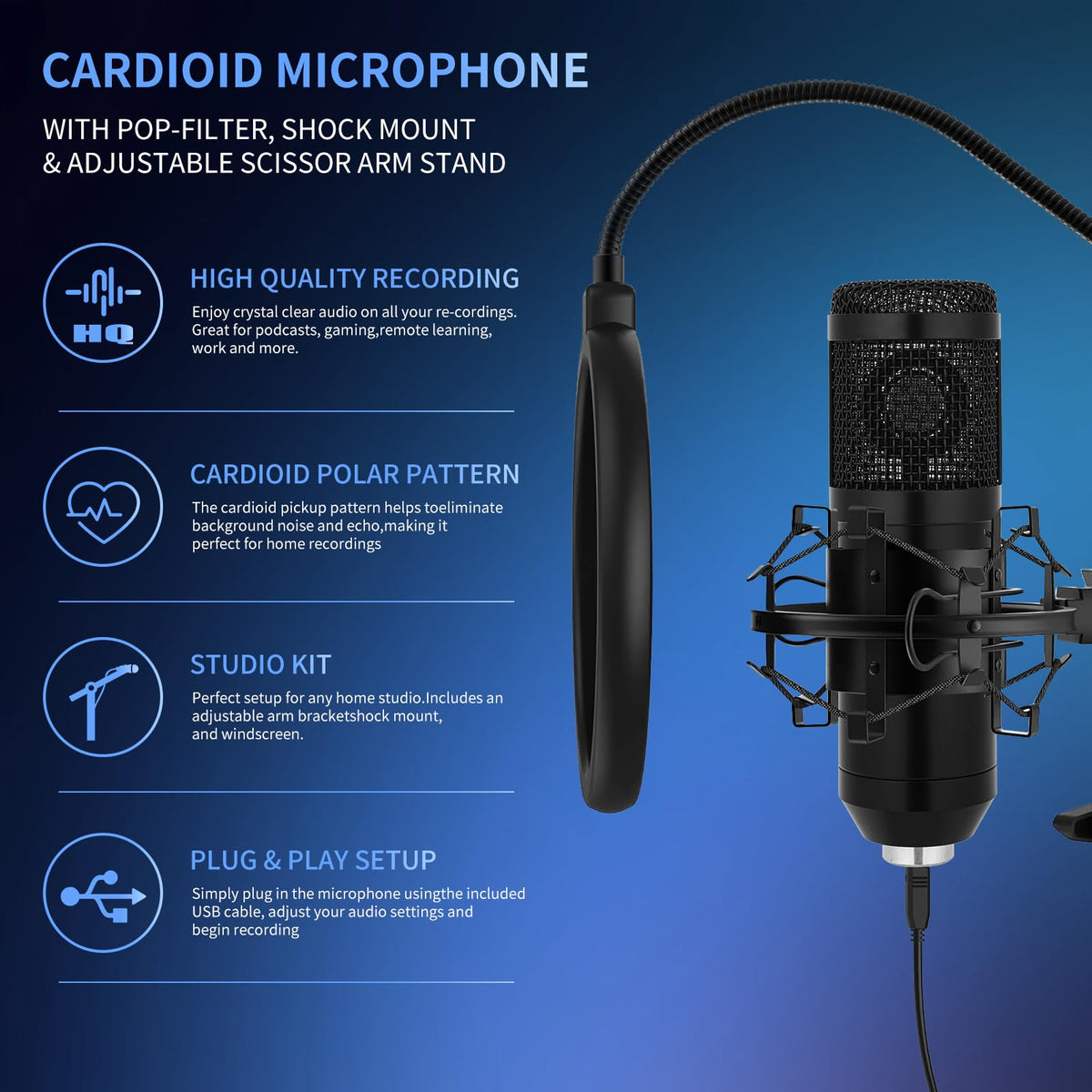 USB Condenser Microphone Kit with Boom Arm Stand G9758