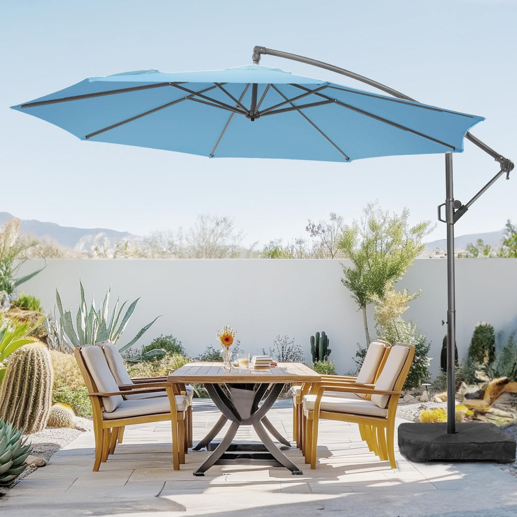 10ft Blue Offset Cantilever Patio Umbrella with Base Q5157