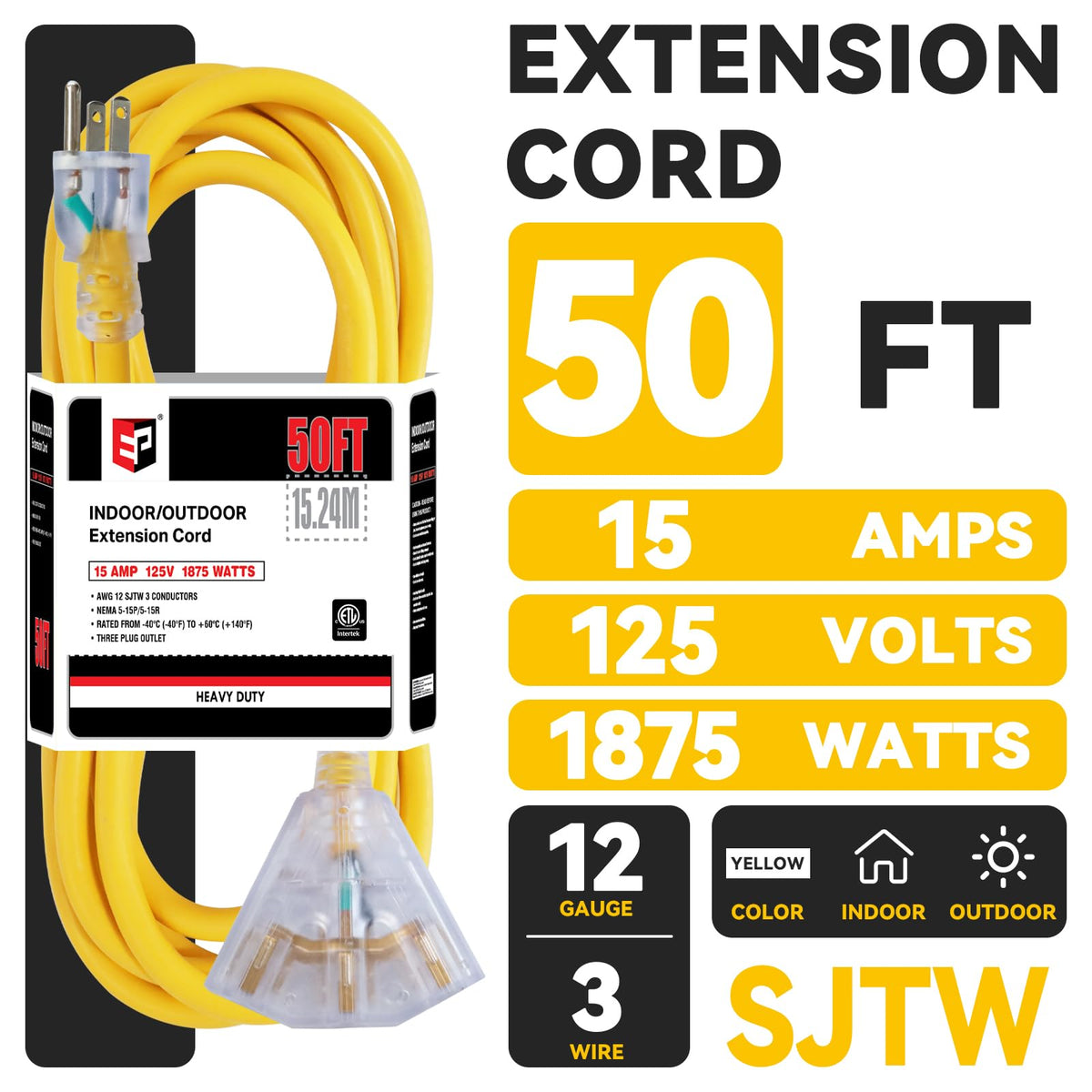 50 Ft Outdoor Extension Cord 3 Outlets Yellow J445654