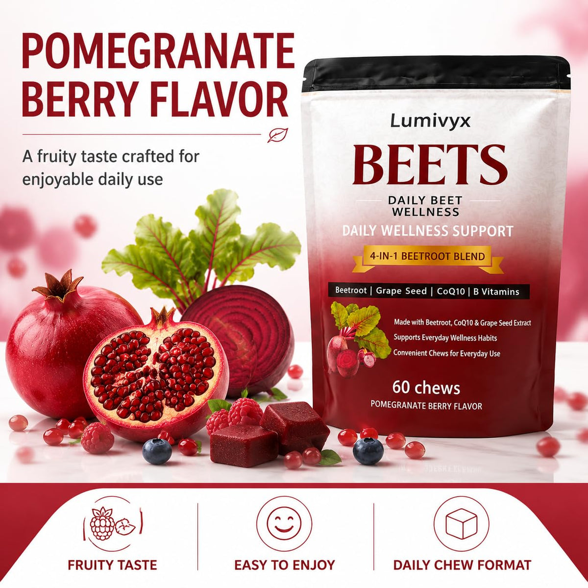 Beet Chews with Grape Seed Extract & CoQ10, 60 Chews D357