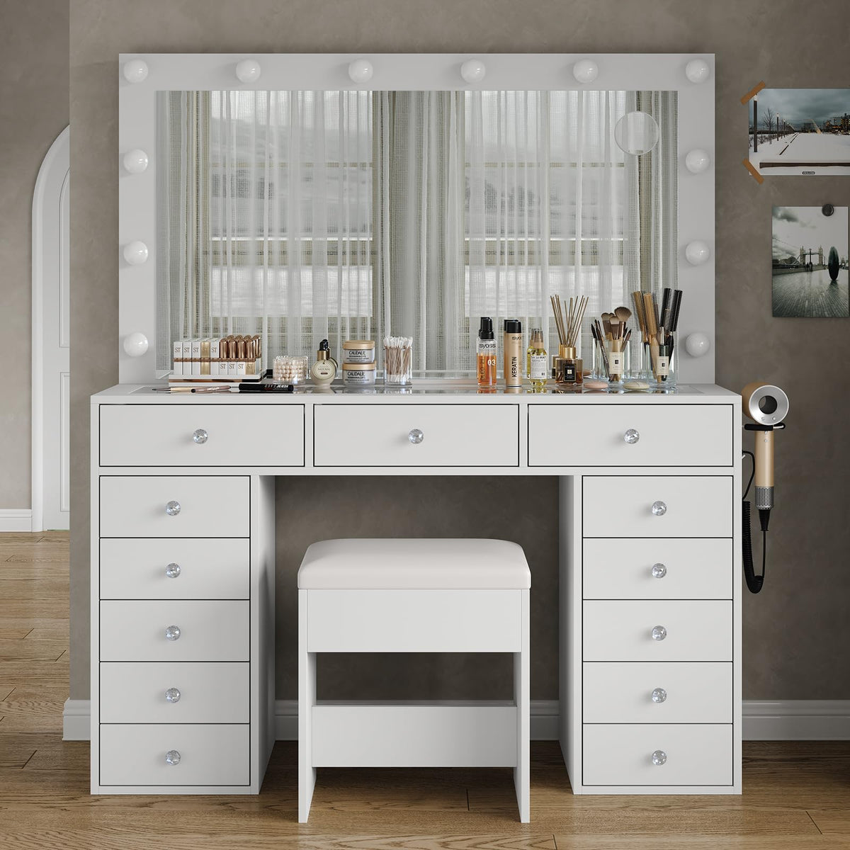 47" White Makeup Vanity with 13 Drawers and HD Mirror S306778