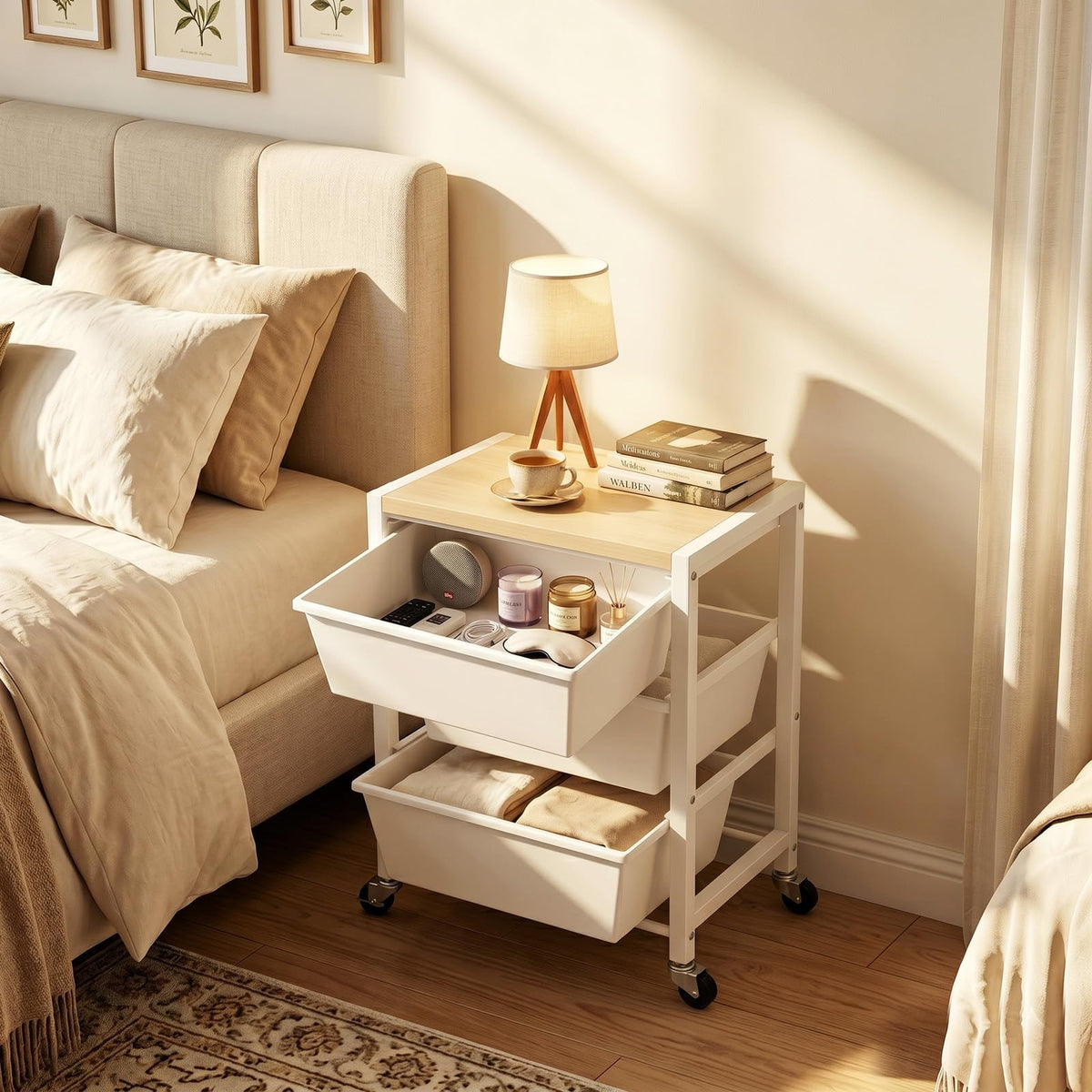 Rolling Cart with 3 Drawers, Lockable Wheels & Wooden Tabletop, Bright White O881733