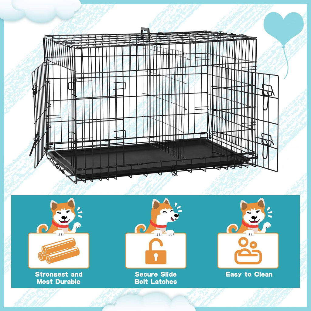 36 Inch Double-Door Metal Dog Crate with Tray and Divider S9839