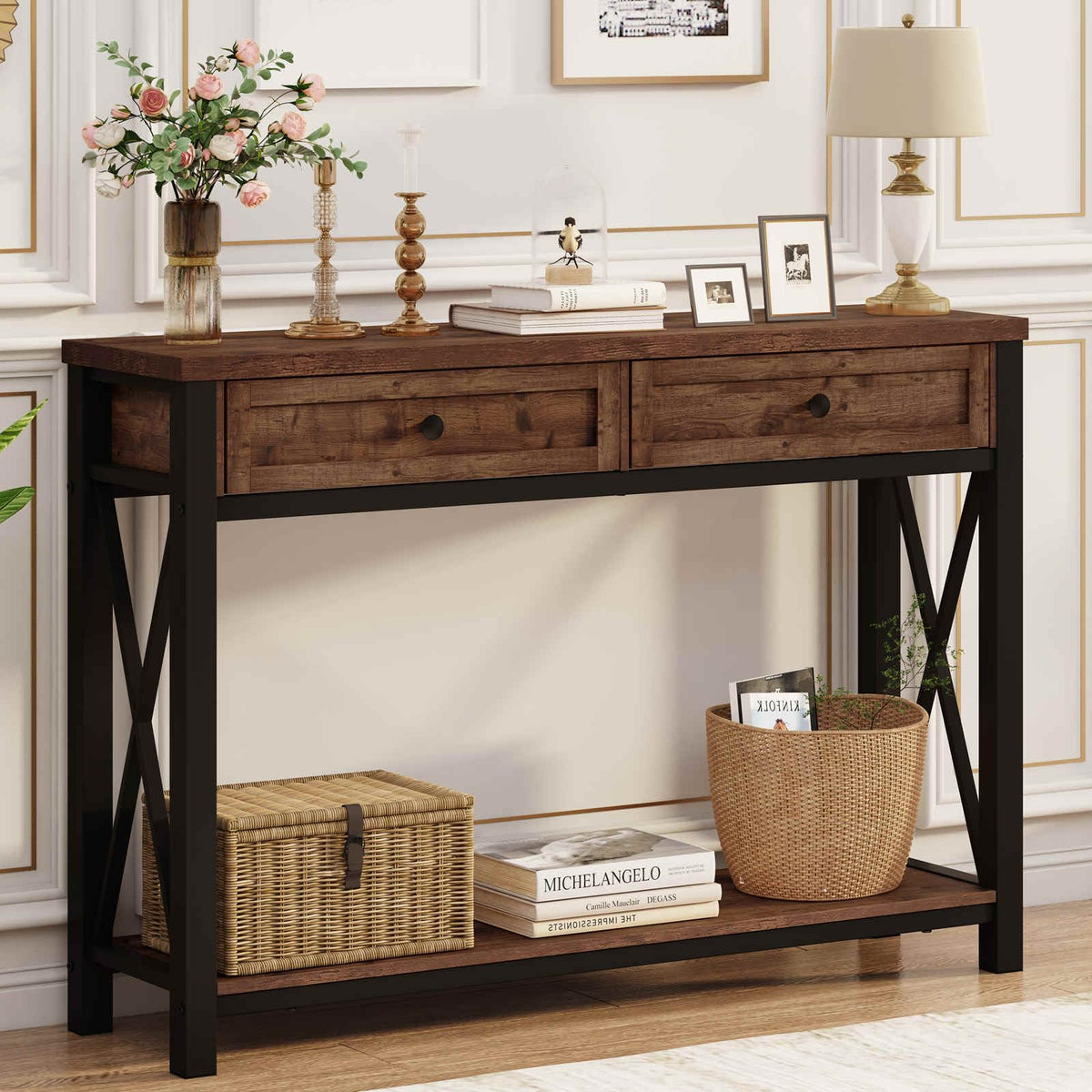 Rustic Oak 47 Inch Console Table with 2 Drawers E22205
