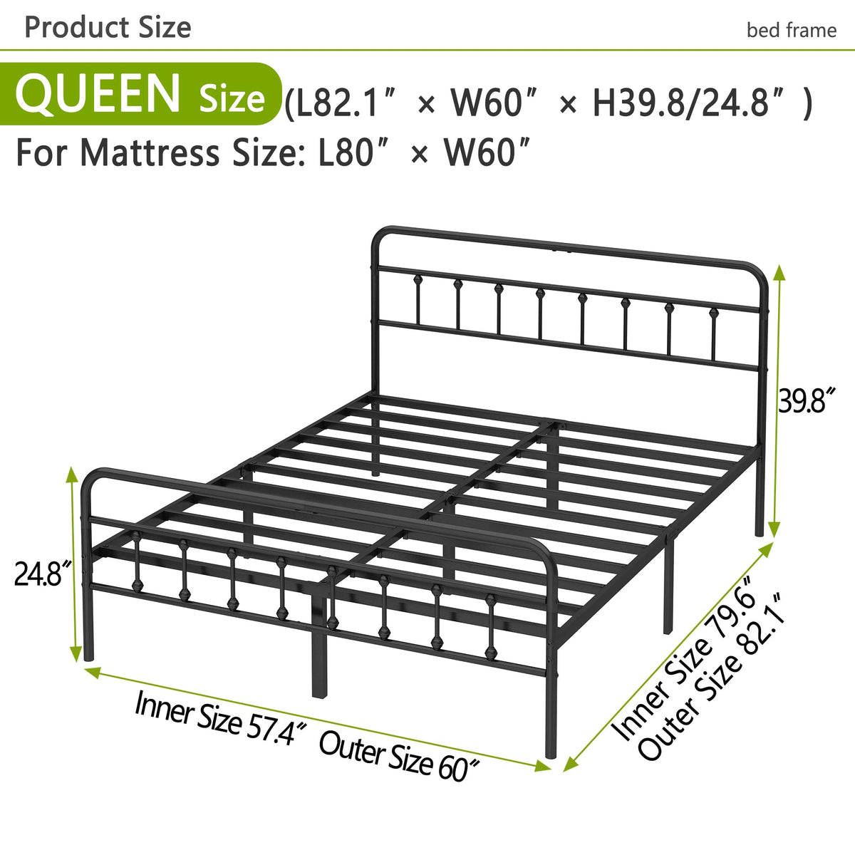 Queen Size Black Metal Bed Frame O55669