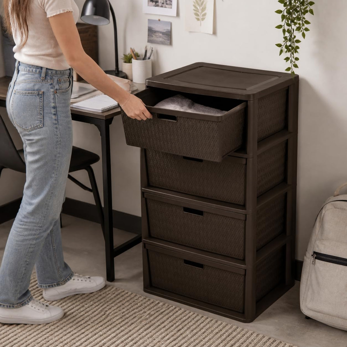 Brown 4 Drawer Plastic Storage Tower E35776