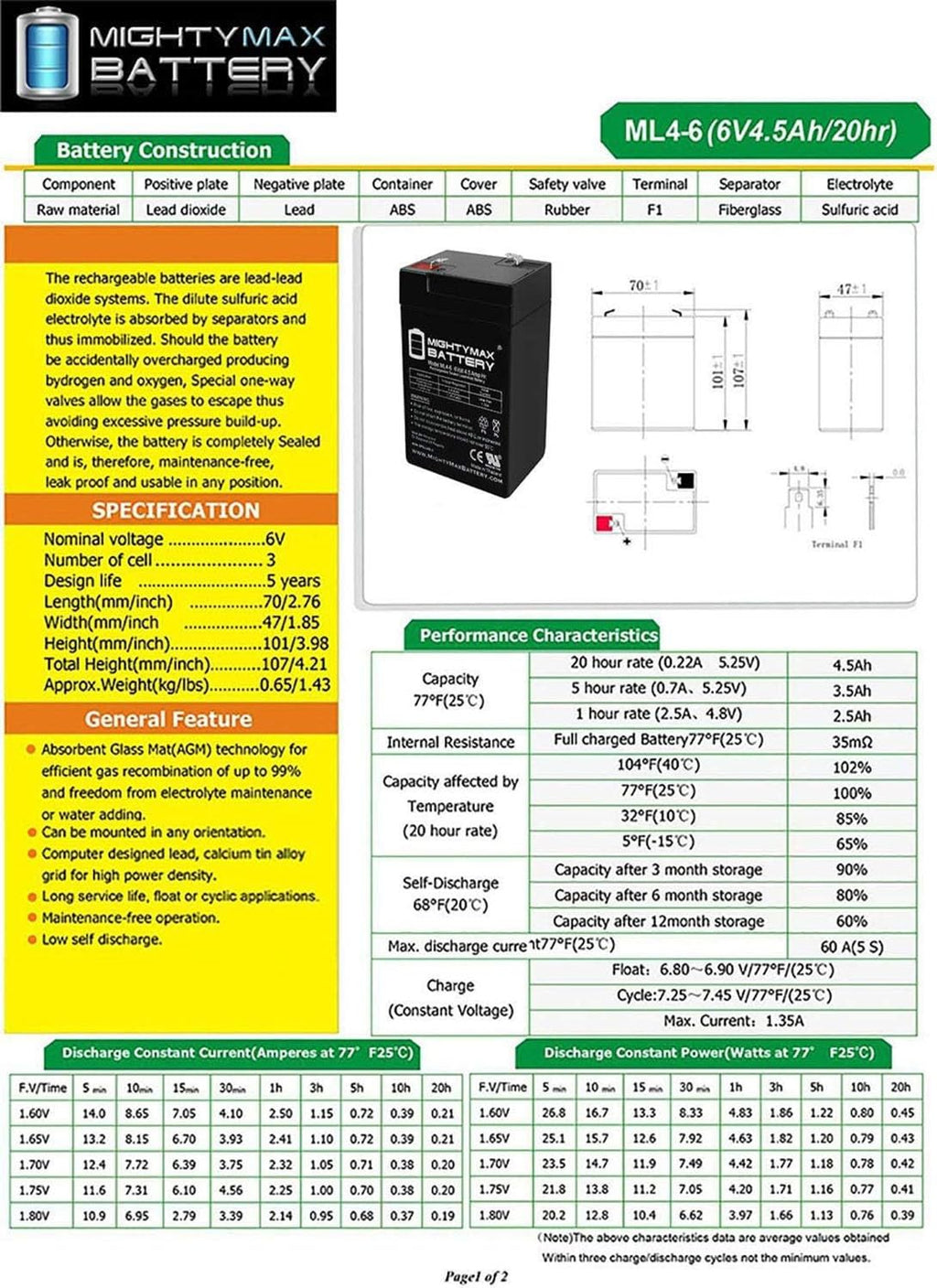 6V 4.5AH SLA Replacement Battery O1342