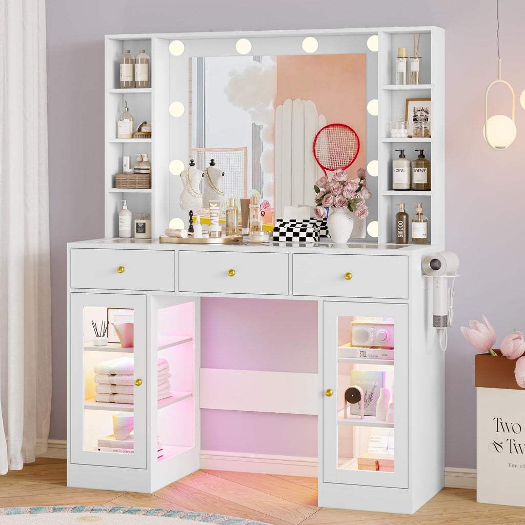 White Makeup Vanity Desk with Mirror and Lights Y72891