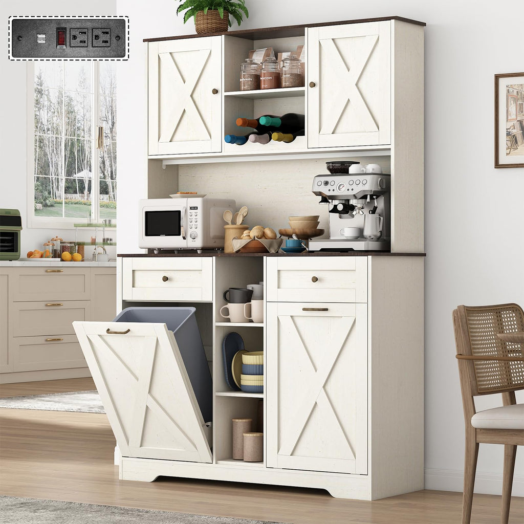 White Kitchen Pantry Storage Cabinet with Power Outlets and Two Drawers G15125