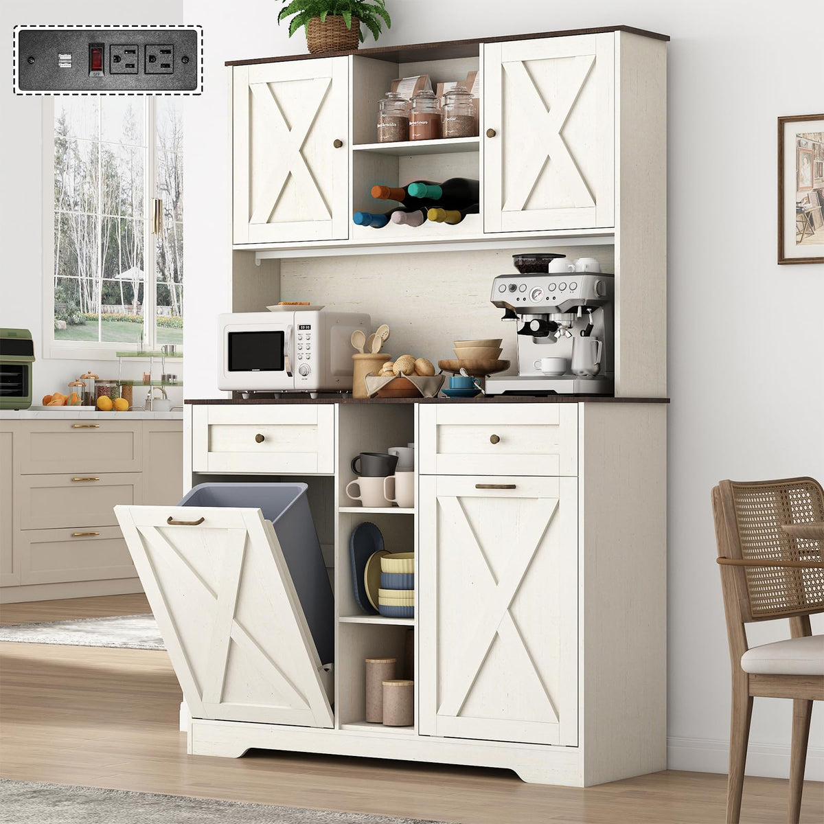 White Kitchen Pantry Storage Cabinet with Power Outlets and Two Drawers G15125