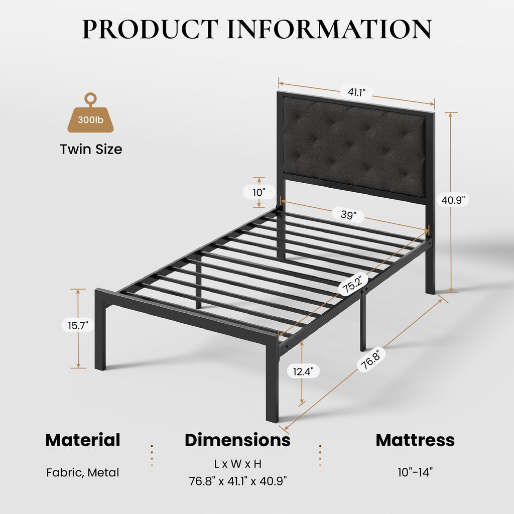 Twin Size Metal Bed Frame with Linen Tufted Headboard W9415