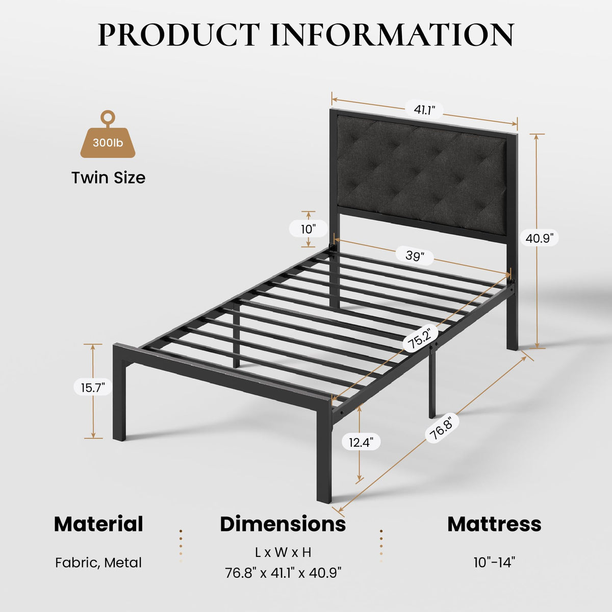 Twin Size Metal Bed Frame with Linen Tufted Headboard W9415